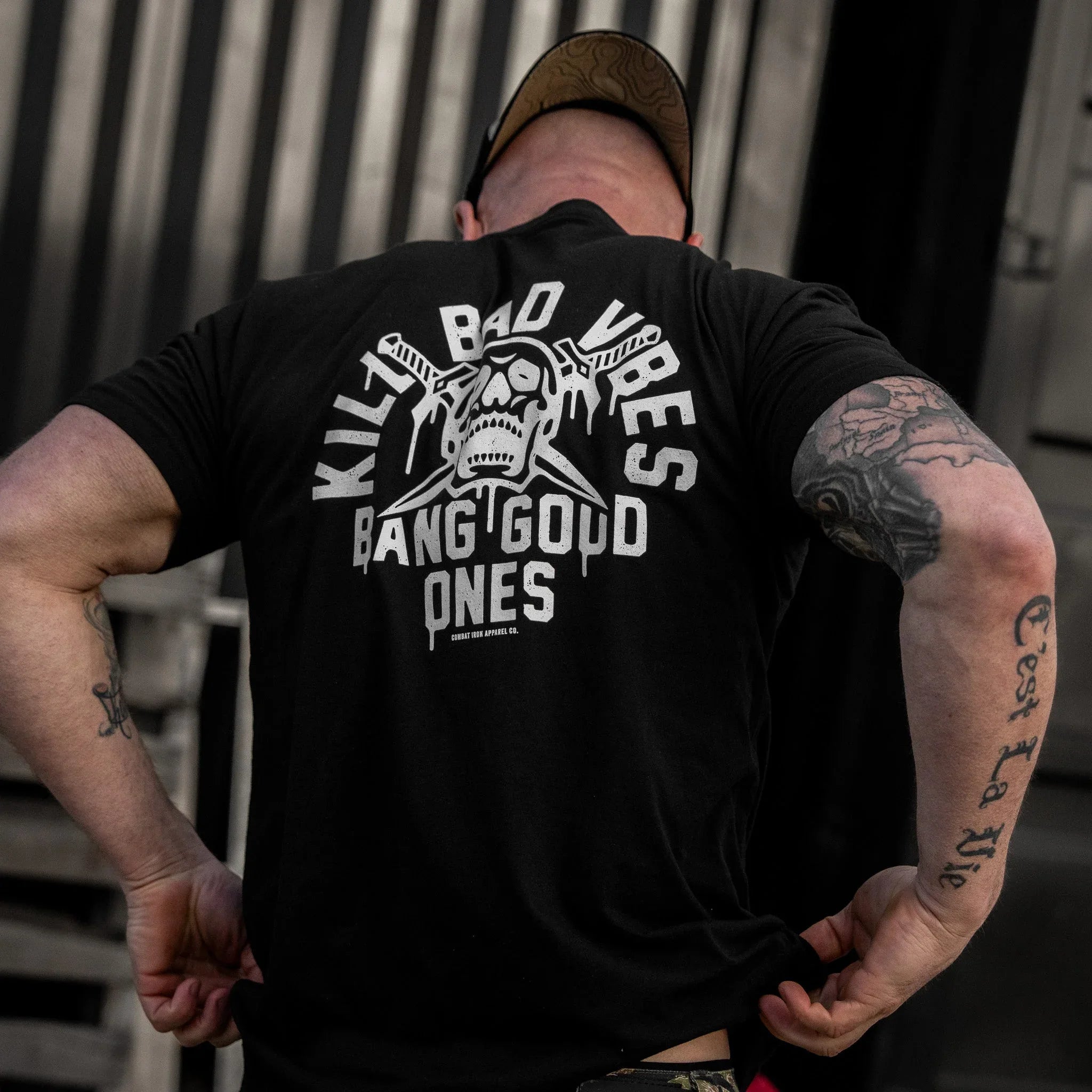 Kill Bad Vibes. Bang Good Ones Skull Men's T-Shirt - Combat Iron Apparel Co.