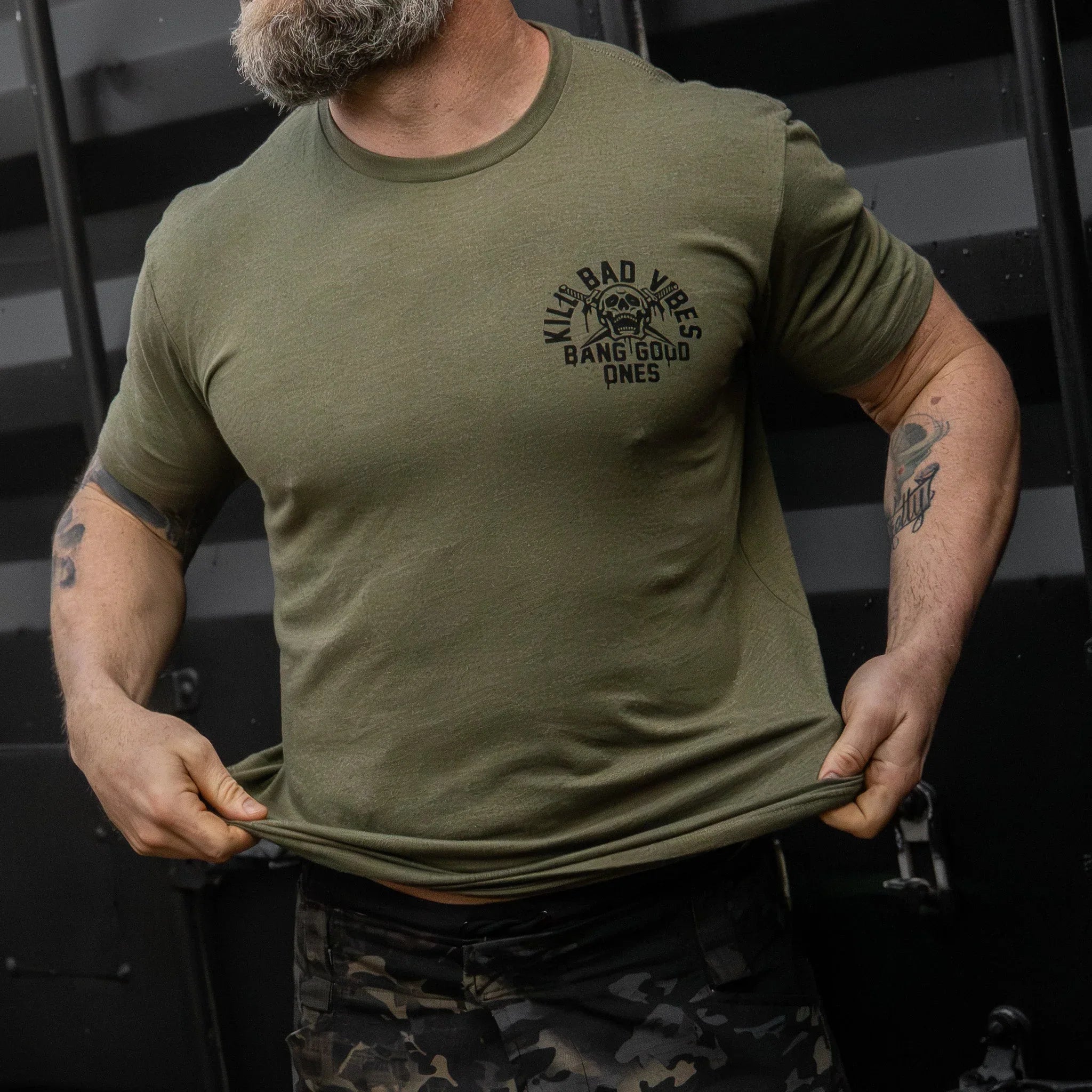 Kill Bad Vibes. Bang Good Ones Skull Men's T-Shirt - Combat Iron Apparel Co.