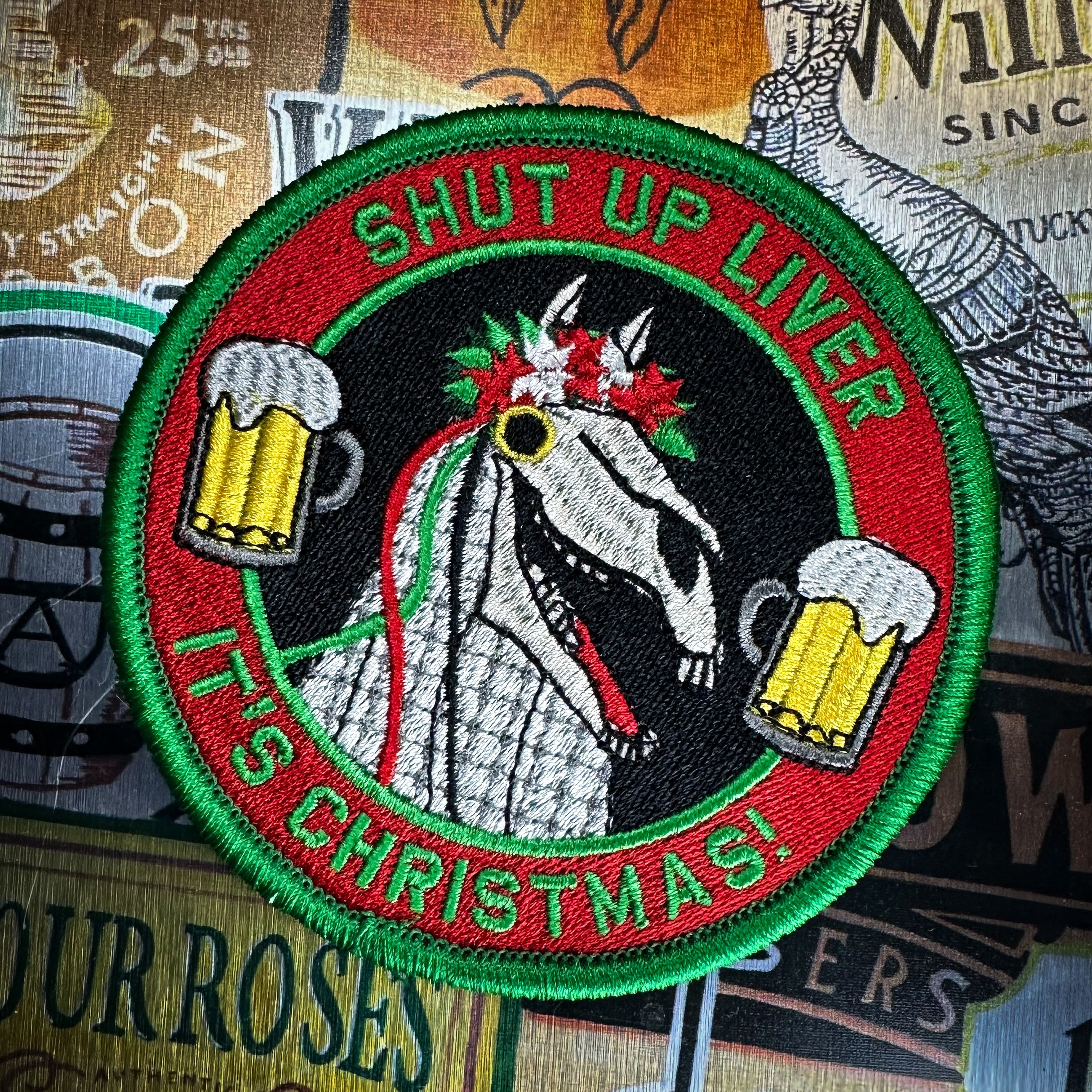 Mari Lwyd Tradition Embodied: 4-Inch Embroidered Patch - Welsh Folklore Tribute - Shut up Liver it's Christmas