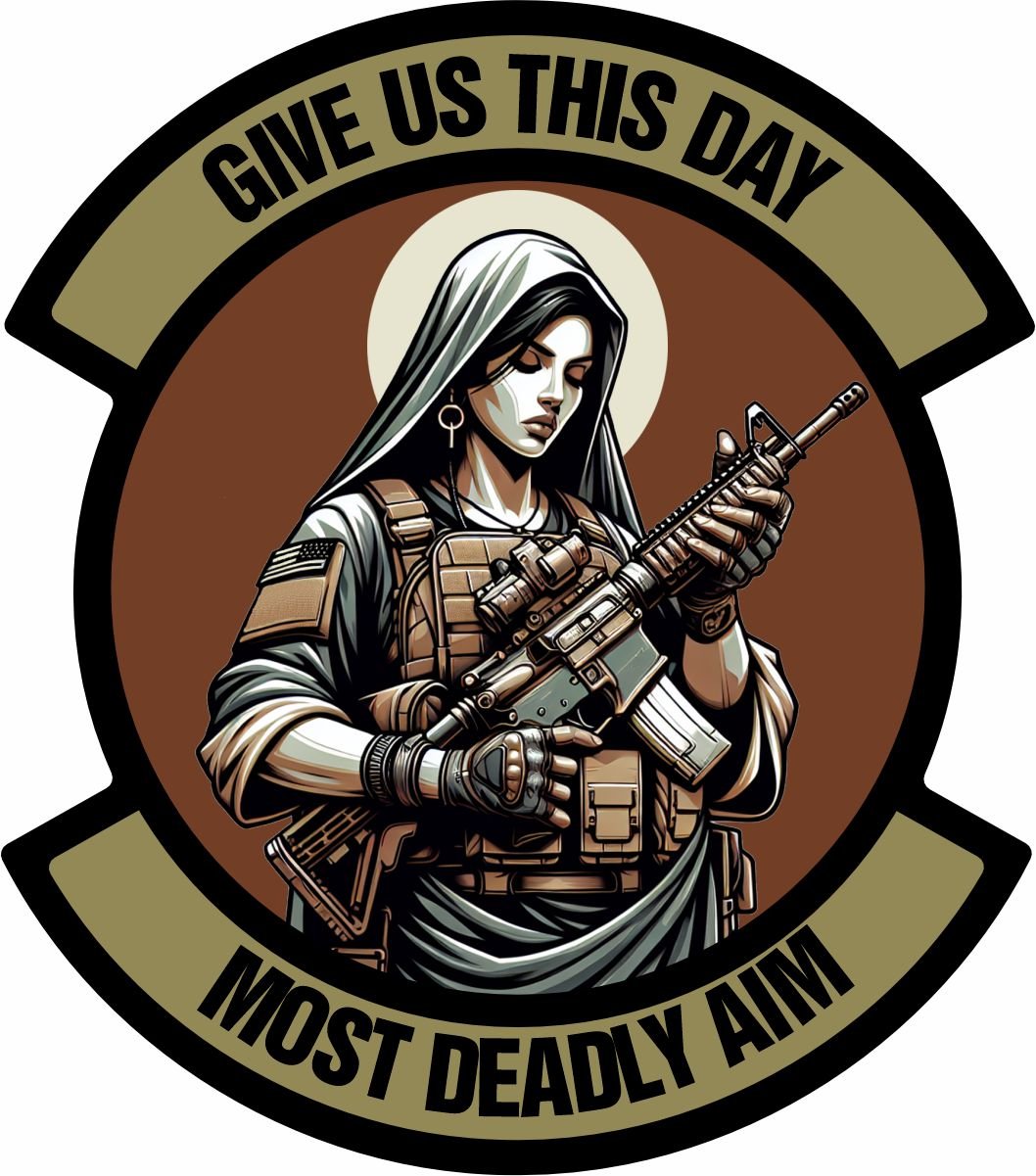 STICKER - May 2024 POTM - 'Mother Mary' - OCP Tactical Angel "Give Us This Day - Most Deadly Aim" 4" Sticker
