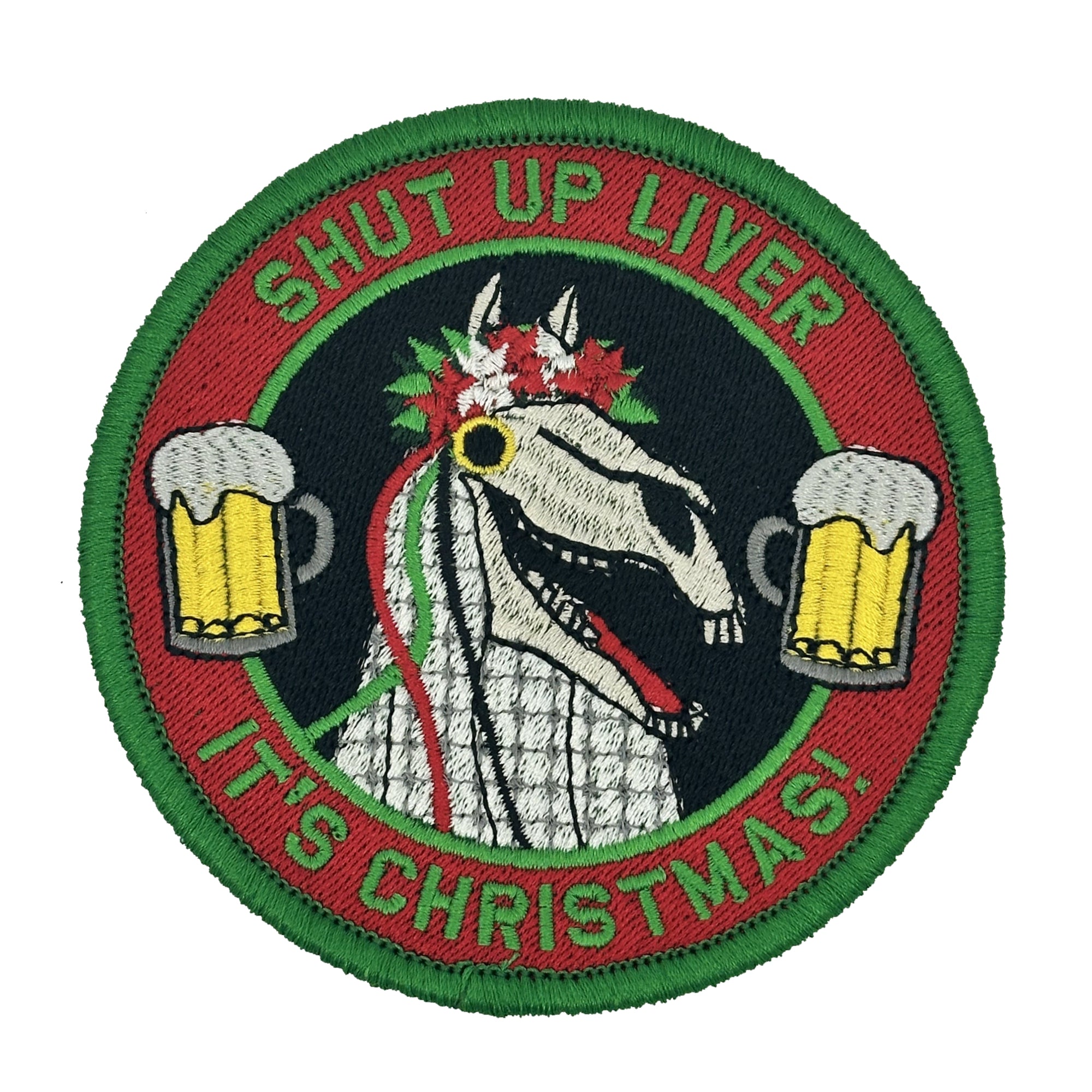Mari Lwyd Tradition Embodied: 4-Inch Embroidered Patch - Welsh Folklore Tribute - Shut up Liver it's Christmas