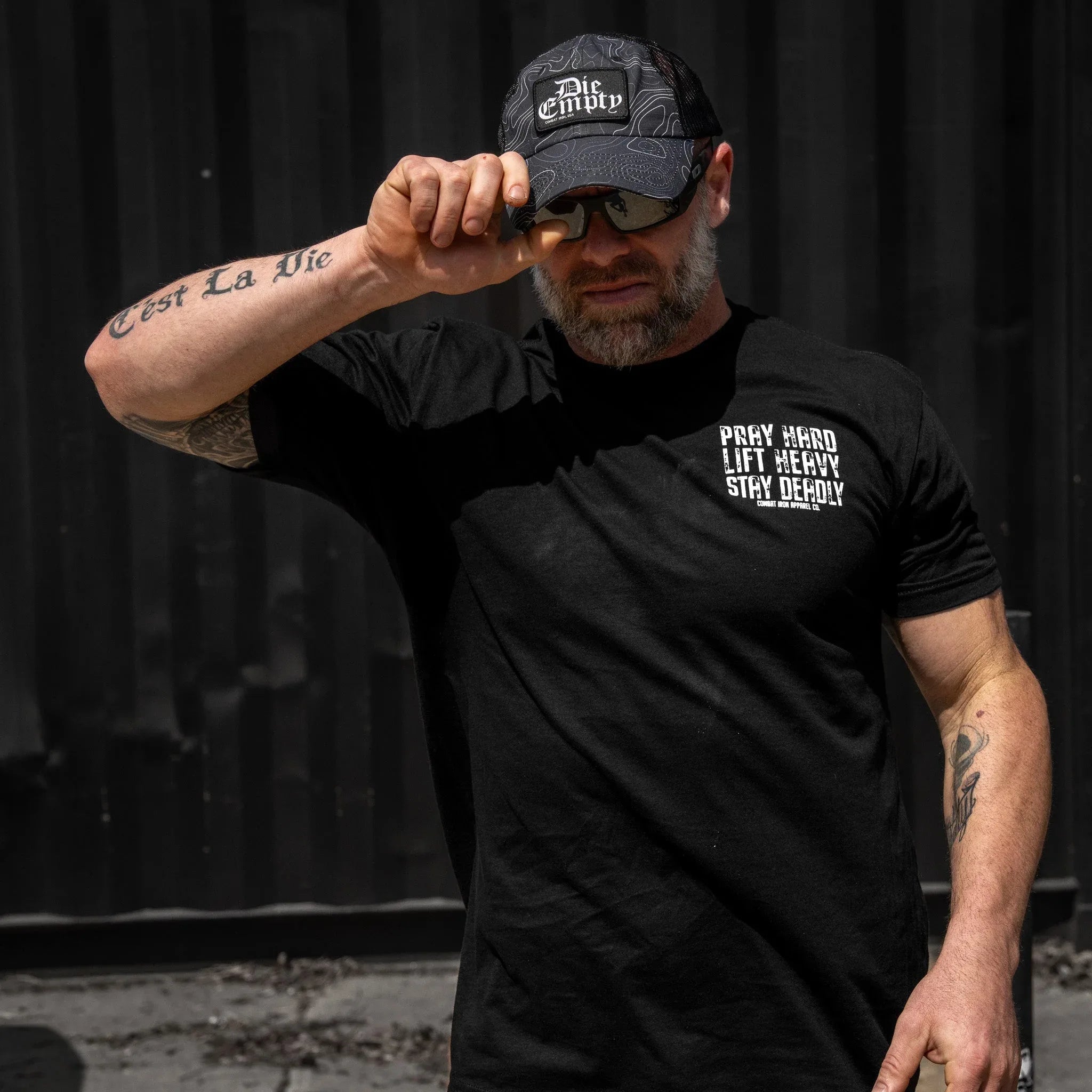Pray Hard. Lift Heavy. Stay Deadly. V2 Men's T-Shirt - Combat Iron Apparel Co.