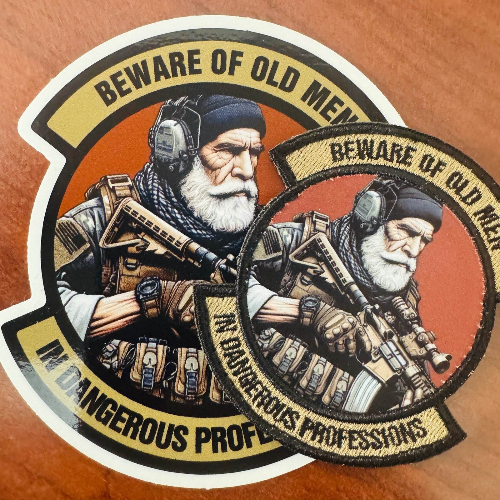 Beware of Old Men - in Dangerous Professions - Caucasian - 3" Embroidered/Sublimated Patch & Sticker Combo
