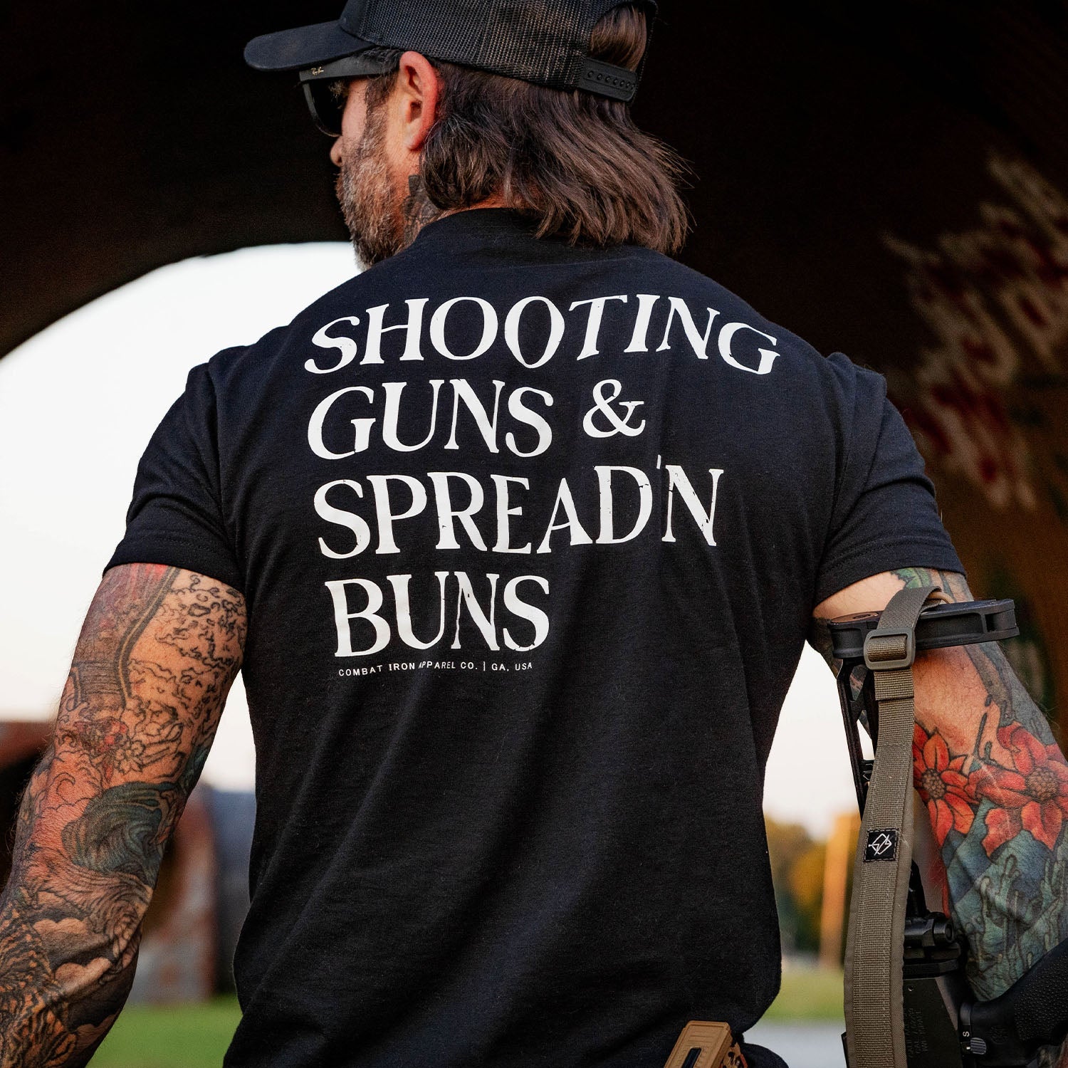 Shooting Guns & Spread'n Buns Men's T-Shirt - Combat Iron Apparel Co.