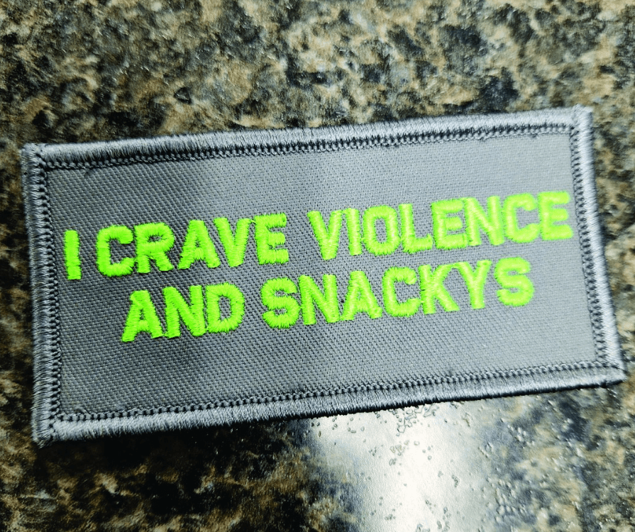 As Seen on Socials - I Crave Violence and Snackys - 2x4 Patch - Gray w/Neon Green