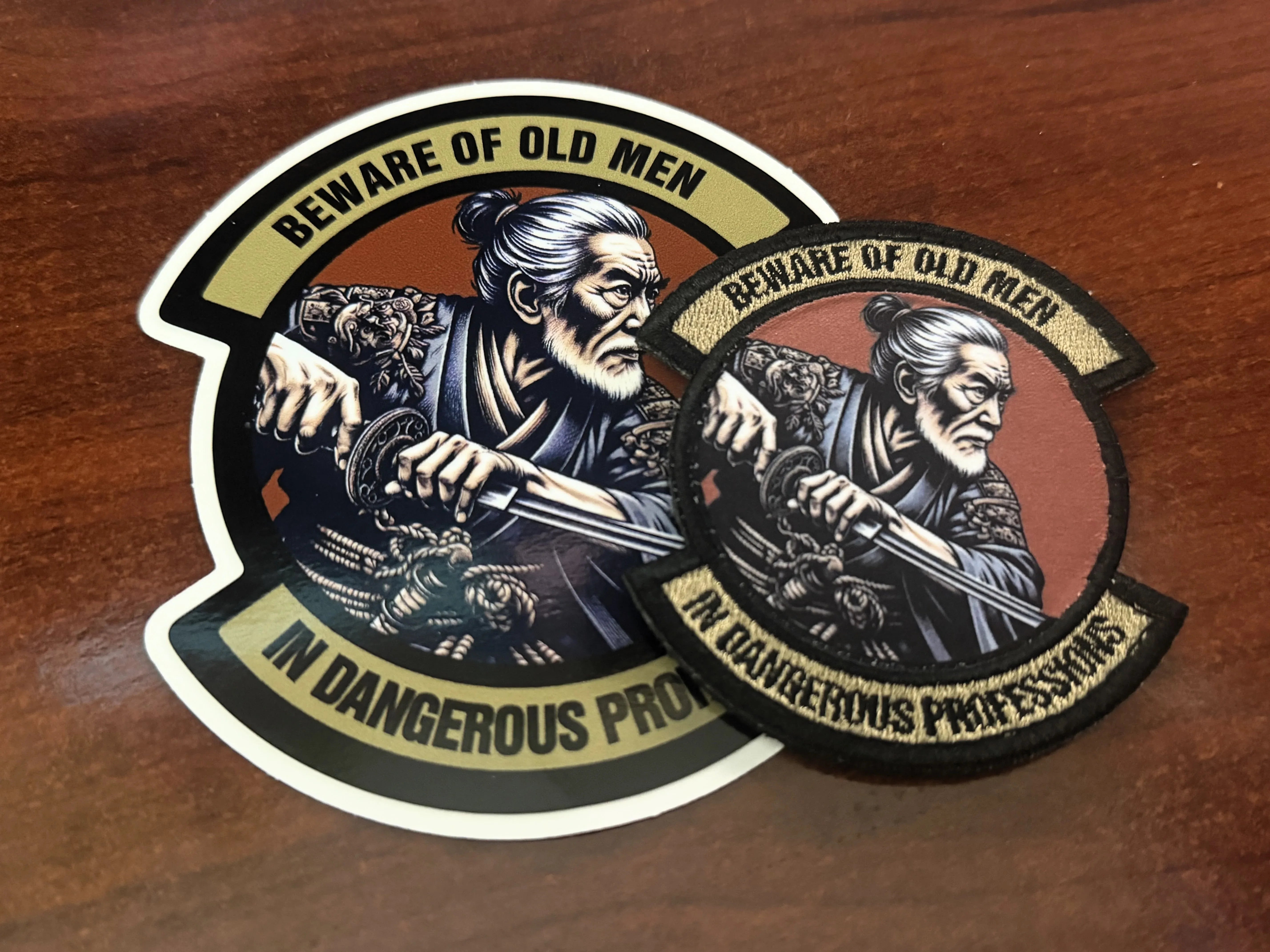 Beware of Old Men - in Dangerous Professions - Asian - 3" Embroidered/Sublimated Patch & Sticker Combo