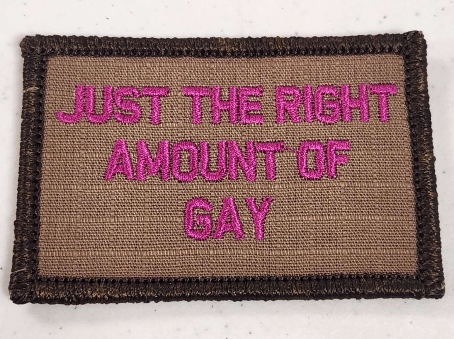 As Seen on Socials - Just The Right Amount of Gay - 2x3 Patch - Coyote w/Magenta