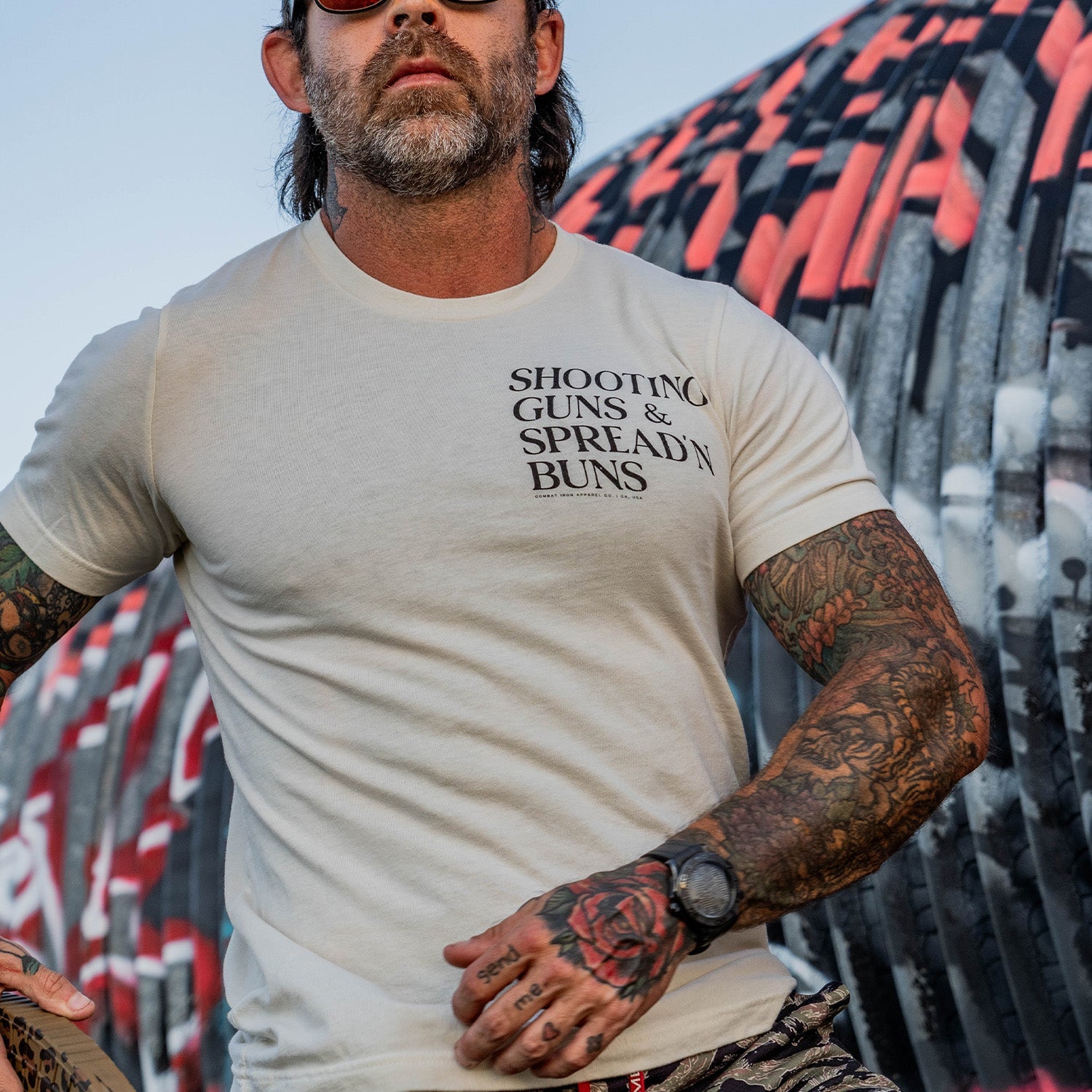 Shooting Guns & Spread'n Buns Men's T-Shirt - Combat Iron Apparel Co.