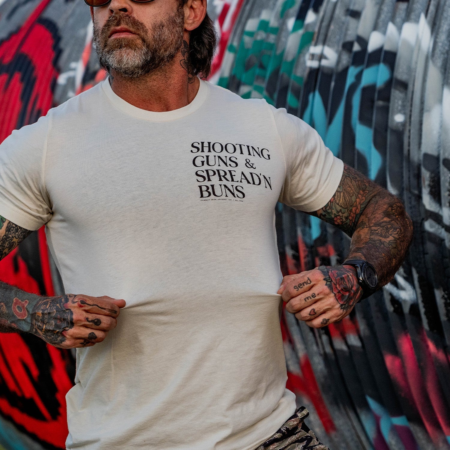 Shooting Guns & Spread'n Buns Men's T-Shirt - Combat Iron Apparel Co.