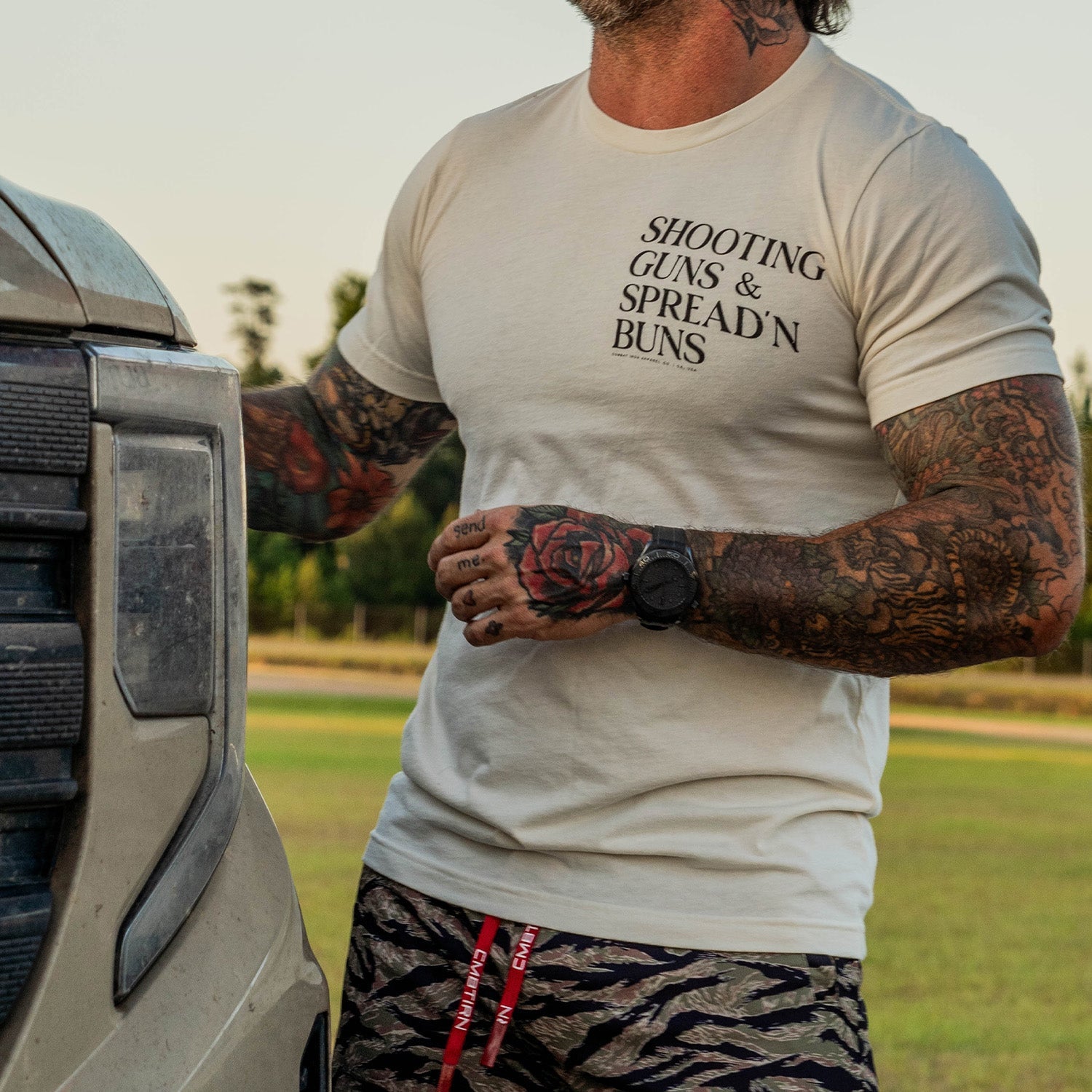 Shooting Guns & Spread'n Buns Men's T-Shirt - Combat Iron Apparel Co.