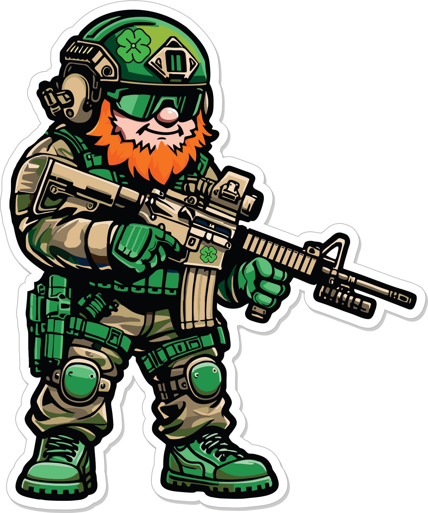 STICKER - Tactical Leprechaun AR15 Cut to Shape wearing Green Tactical Gear - 3.5" Sticker