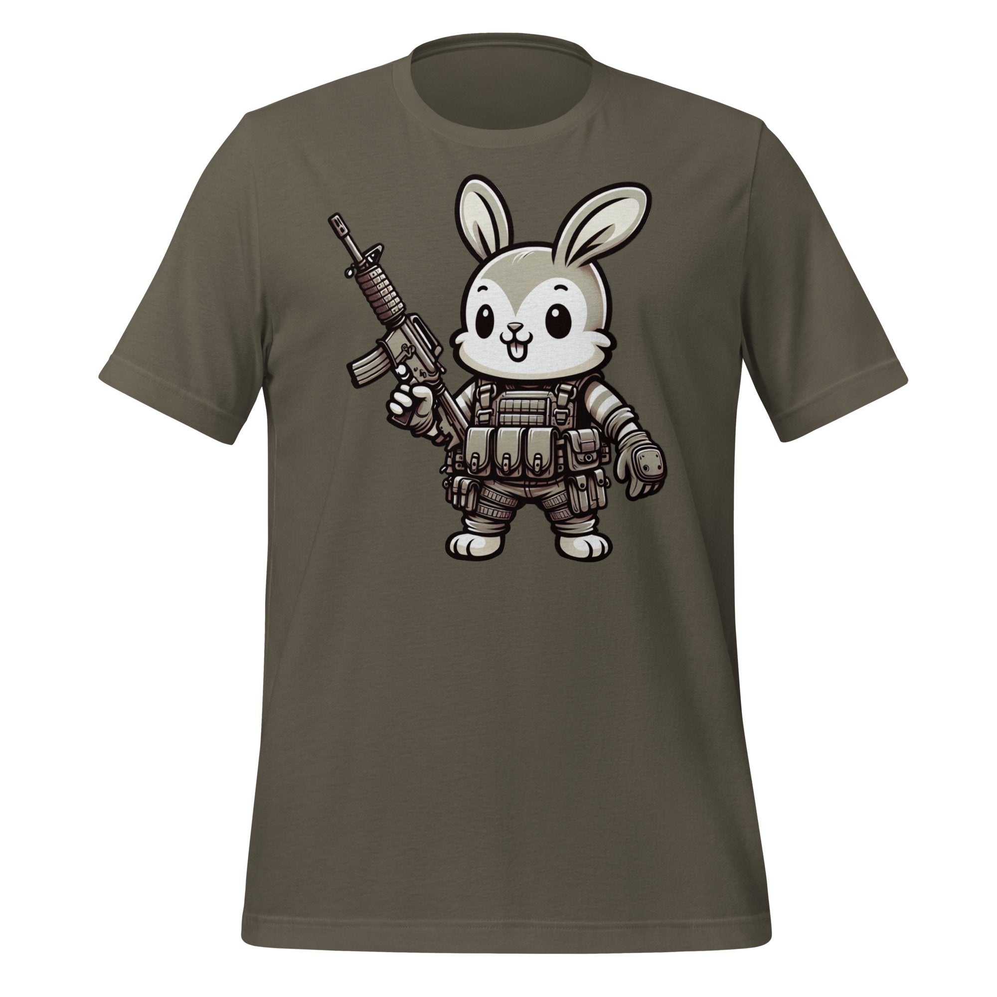 Tactical Cartoon Happy Battle Bunny Carrying an AR15 Rifle - Mini Morale - Unisex T-Shirt Bad Bunny Collection