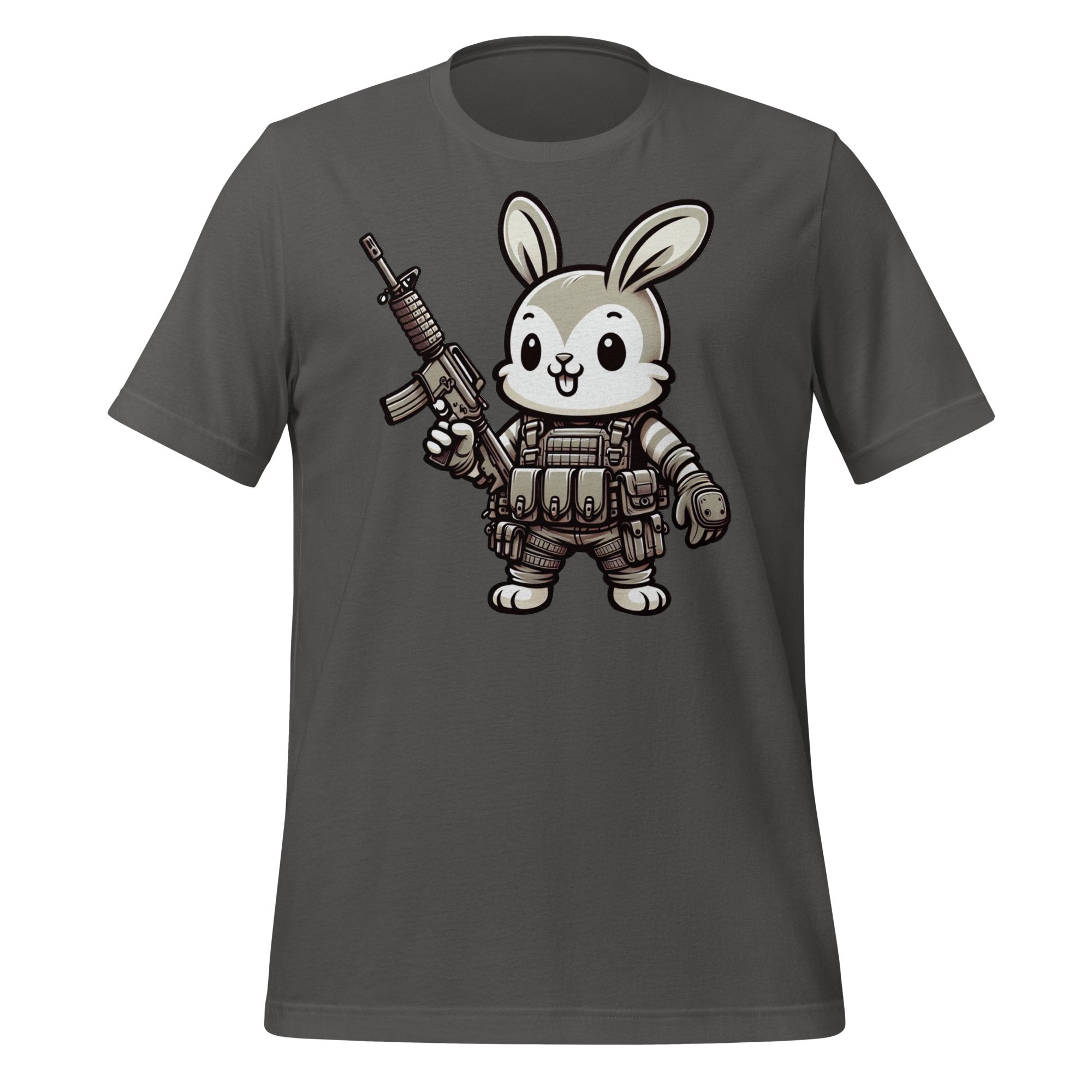 Tactical Cartoon Happy Battle Bunny Carrying an AR15 Rifle - Mini Morale - Unisex T-Shirt Bad Bunny Collection