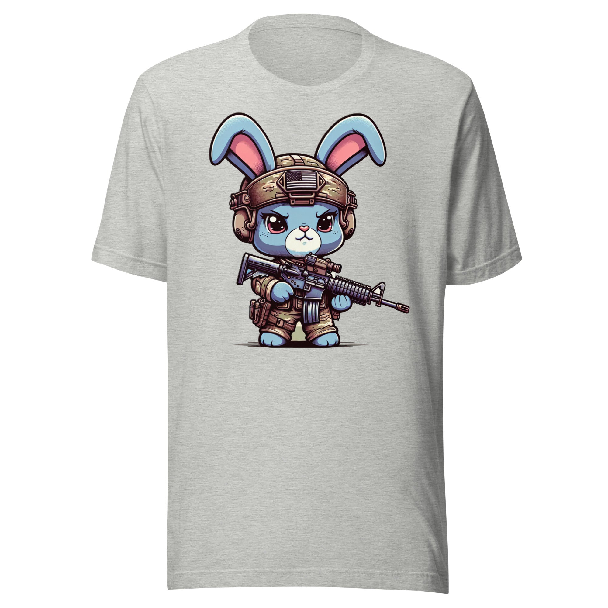 Tactical Cartoon Angry Bunny Carrying an AR15 Rifle - Mini Morale - Unisex T-Shirt Bad Bunny Collection