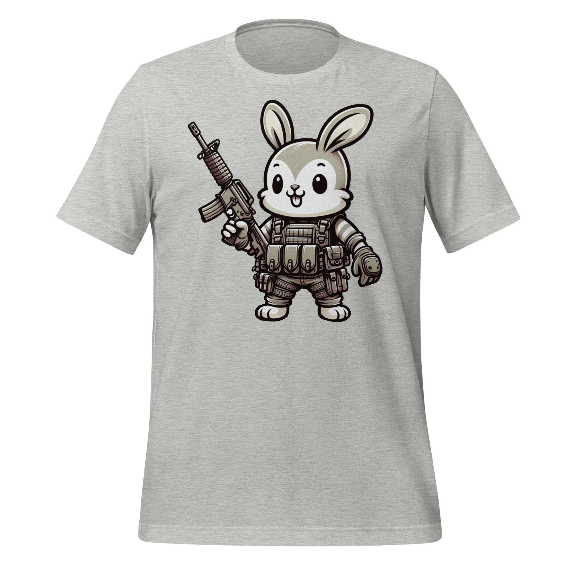 Tactical Cartoon Happy Battle Bunny Carrying an AR15 Rifle - Mini Morale - Unisex T-Shirt Bad Bunny Collection