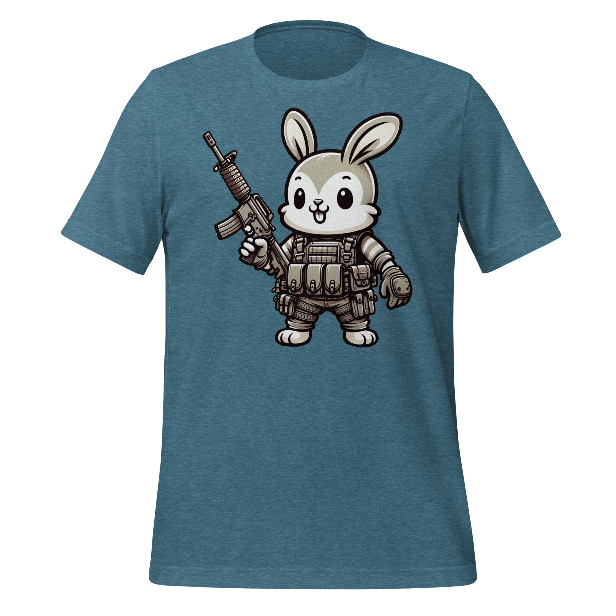 Tactical Cartoon Happy Battle Bunny Carrying an AR15 Rifle - Mini Morale - Unisex T-Shirt Bad Bunny Collection