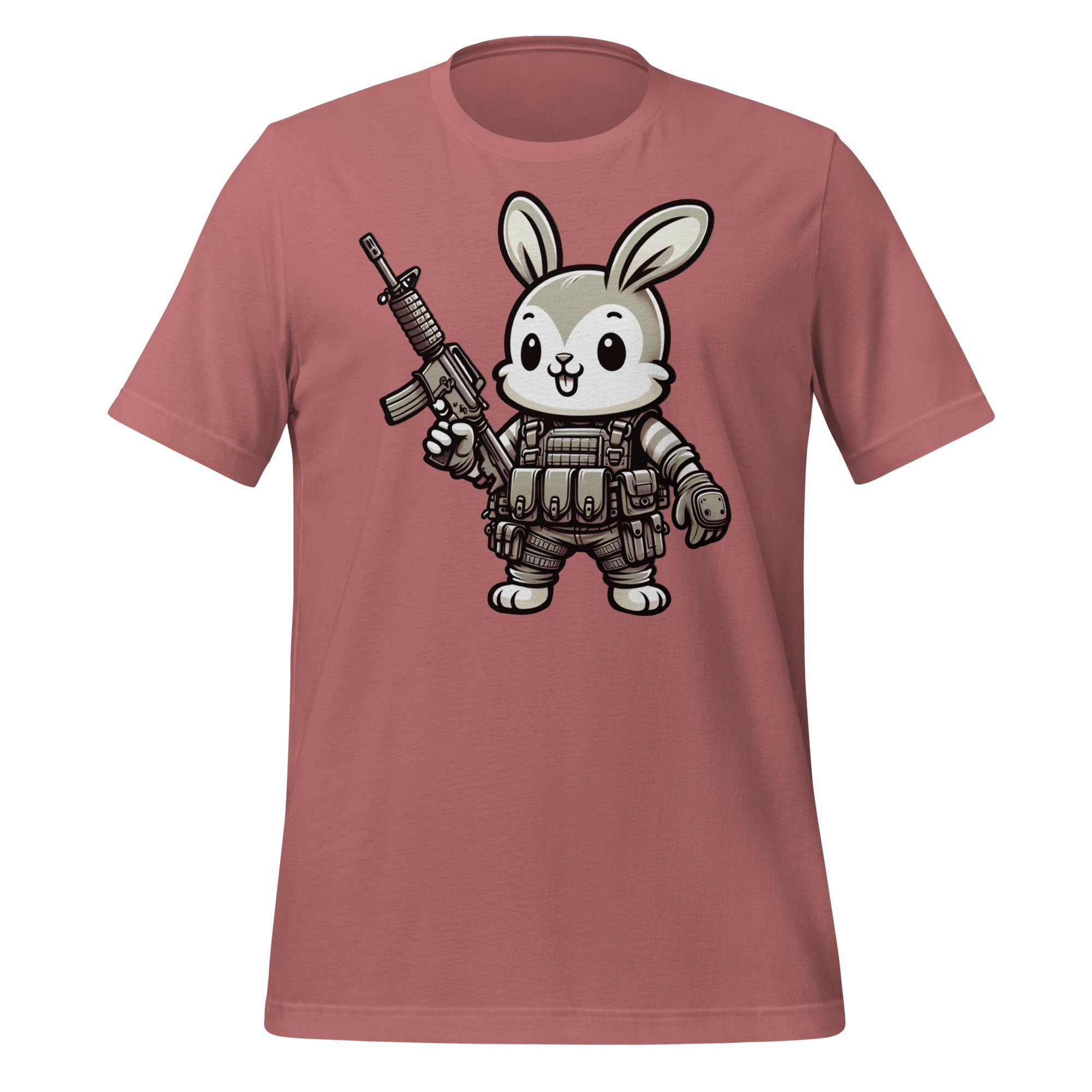 Tactical Cartoon Happy Battle Bunny Carrying an AR15 Rifle - Mini Morale - Unisex T-Shirt Bad Bunny Collection