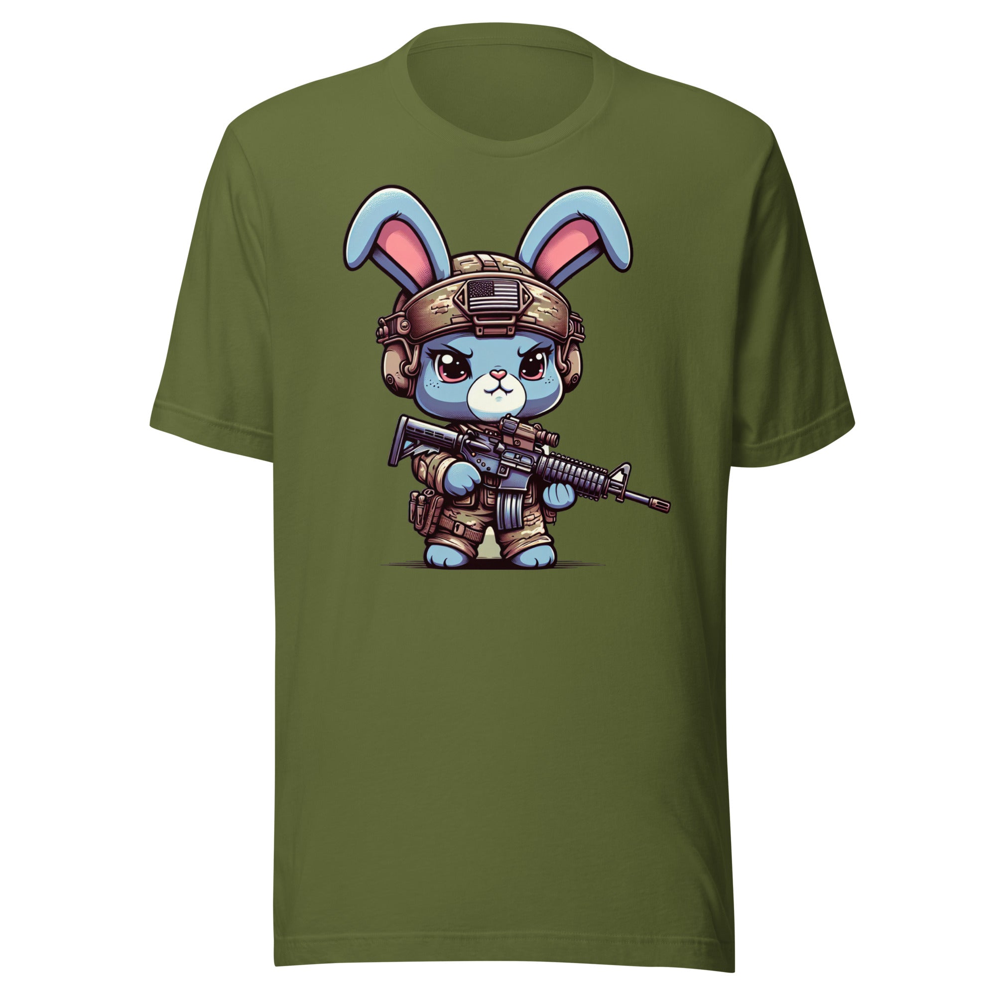 Tactical Cartoon Angry Bunny Carrying an AR15 Rifle - Mini Morale - Unisex T-Shirt Bad Bunny Collection