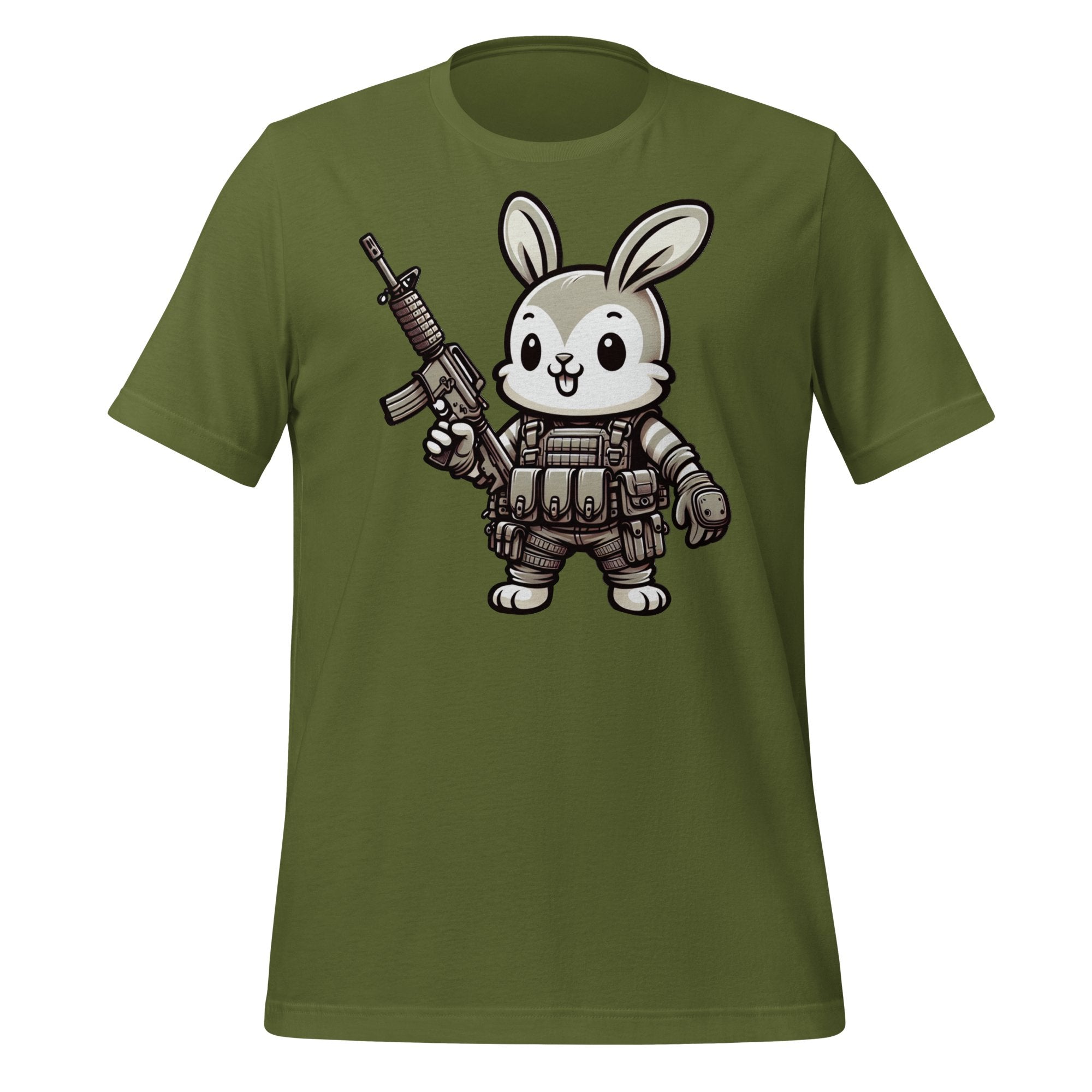 Tactical Cartoon Happy Battle Bunny Carrying an AR15 Rifle - Mini Morale - Unisex T-Shirt Bad Bunny Collection