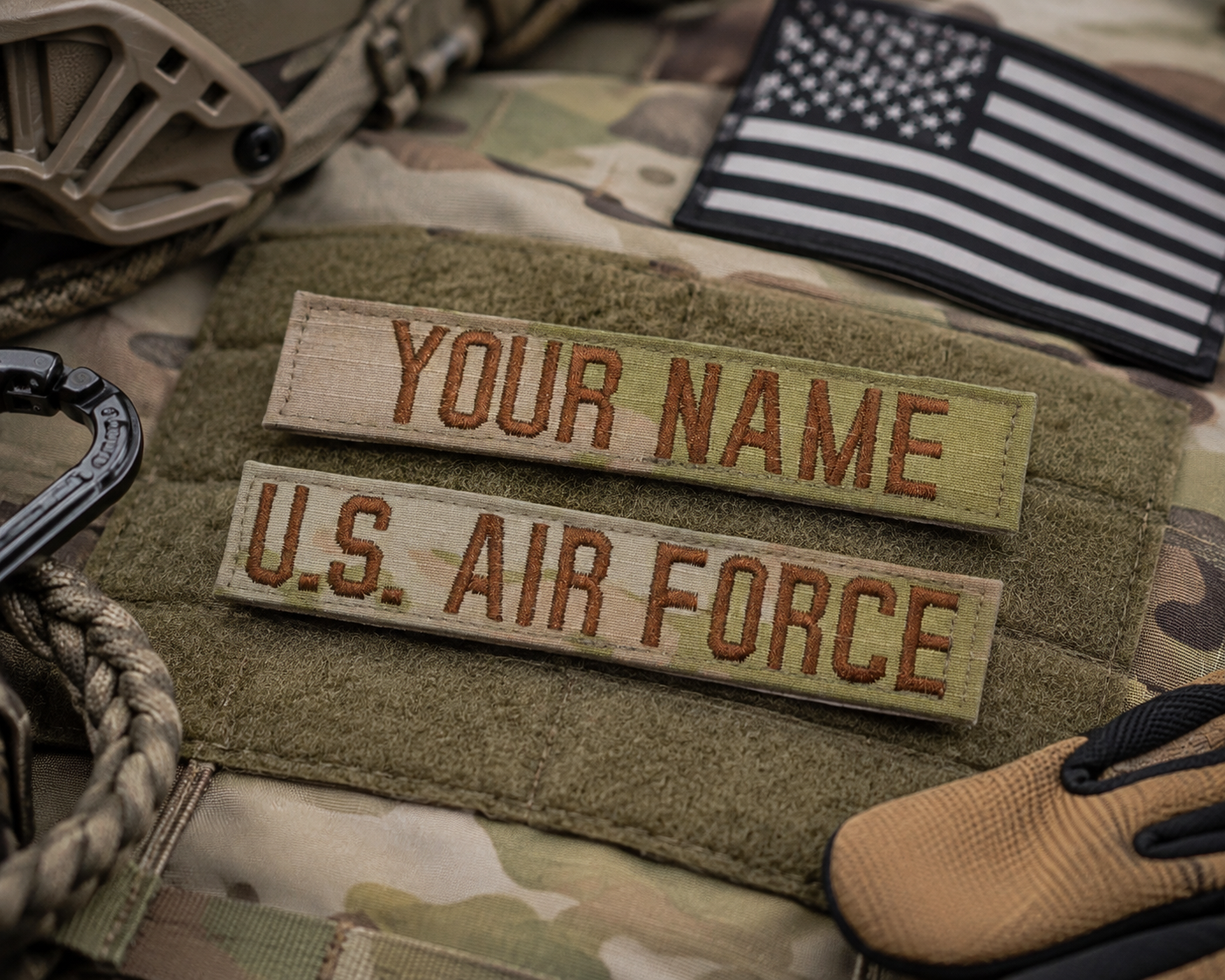 2 Piece Custom Air Force Name Tape Set w/ Hook Fastener Backing - 3-Color OCP
