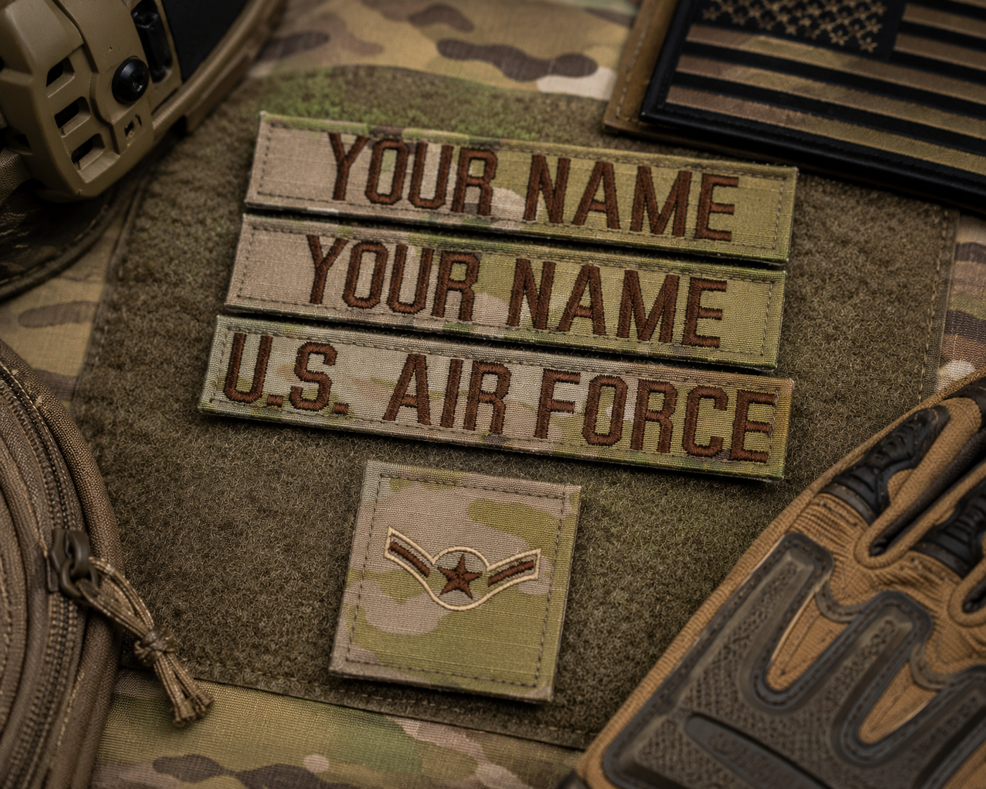 4 Piece Custom Air Force Name Tape & Rank Set w/ Hook Fastener Backing - 3-Color OCP