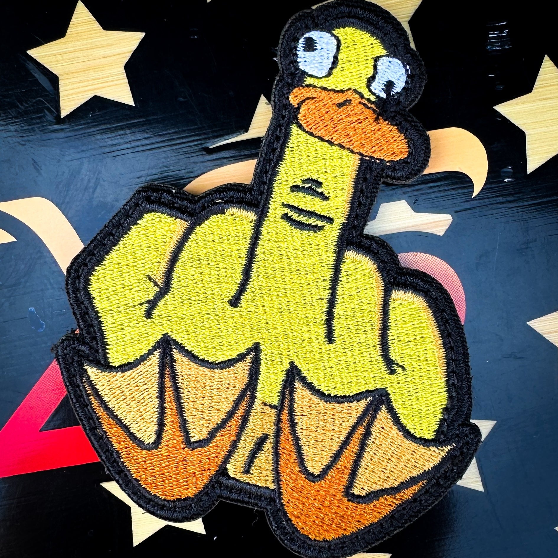 Duck You goofy animated middle finger 3.5 inch fully embroidered patch with hook backing