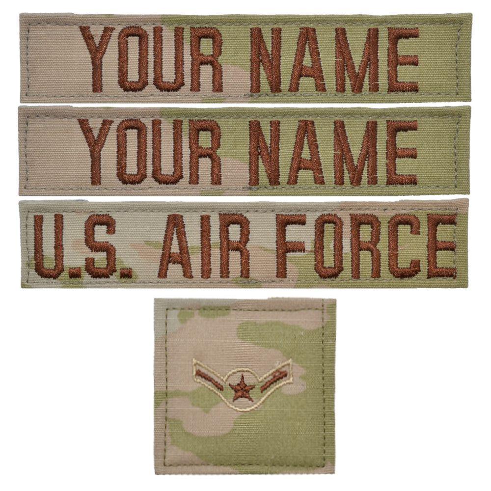 Tactical Gear Junkie Name Tapes 4 Piece Custom Air Force Name Tape & Rank Set w/ Hook Fastener Backing - 3-Color OCP