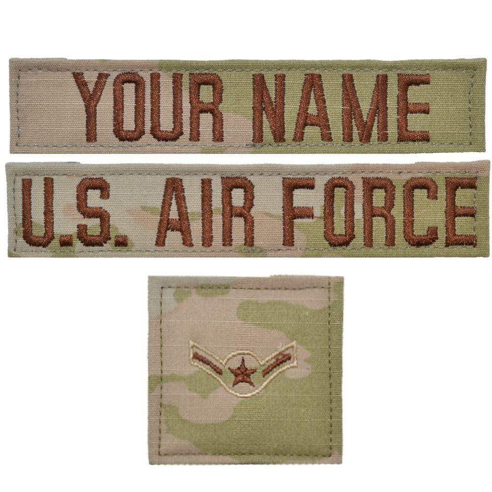 Tactical Gear Junkie Name Tapes 3 Piece Custom Air Force Name Tape & Rank Set w/ Hook Fastener Backing - 3-Color OCP