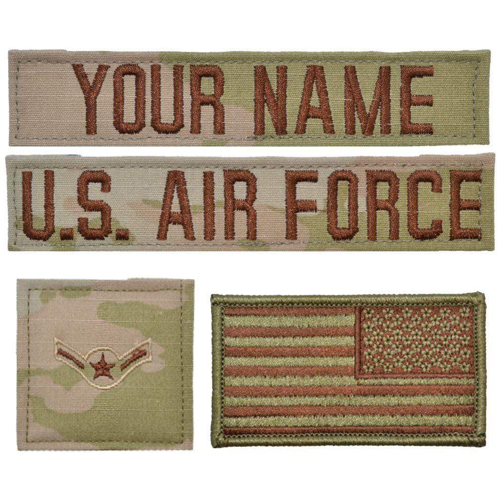 Tactical Gear Junkie Name Tapes 4 Piece Custom Air Force Name Tape & Rank Set USAF OCP Flag w/ Hook Fastener Backing - 3-Color OCP