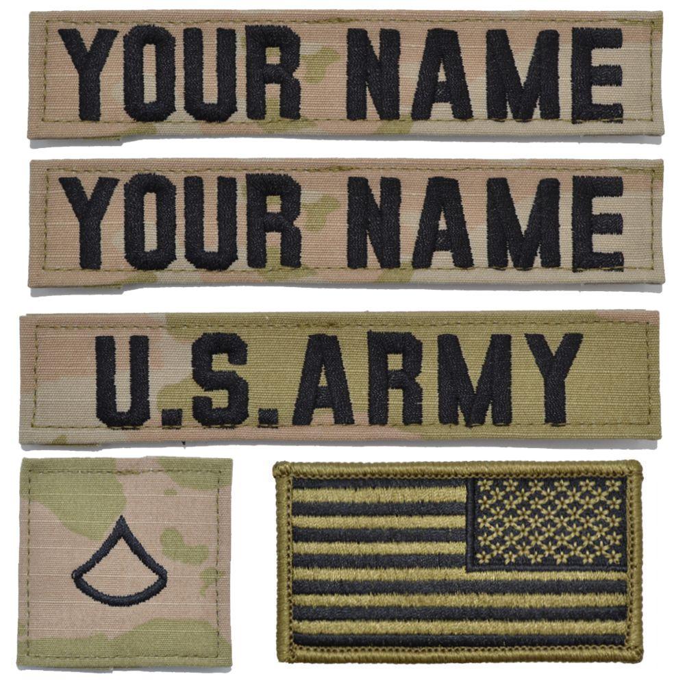 Tactical Gear Junkie Name Tapes 5 Piece Custom Army Name Tape & Rank Set OCP Flag w/ Hook Fastener Backing - 3-Color OCP