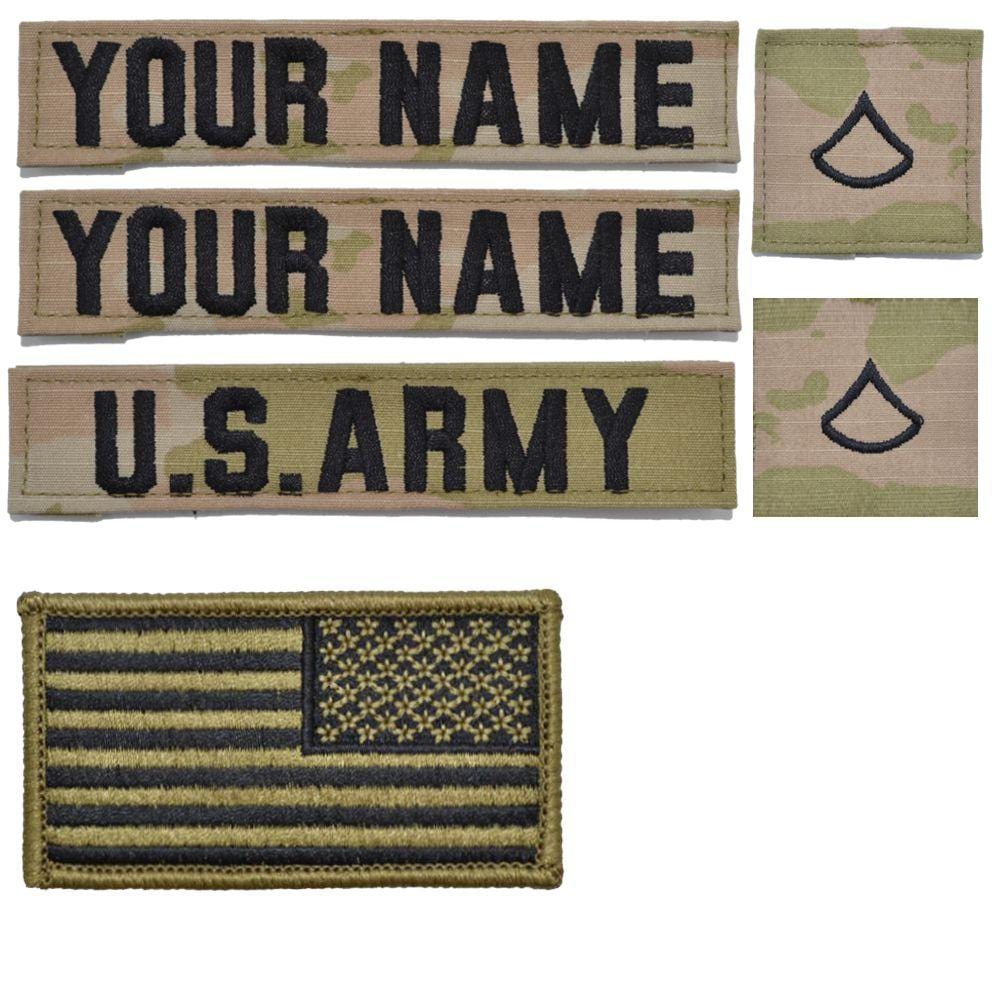Tactical Gear Junkie Name Tapes 6 Piece Custom Army Name Tape & Rank Set OCP Flag w/ Hook Fastener Backing - 3-Color OCP