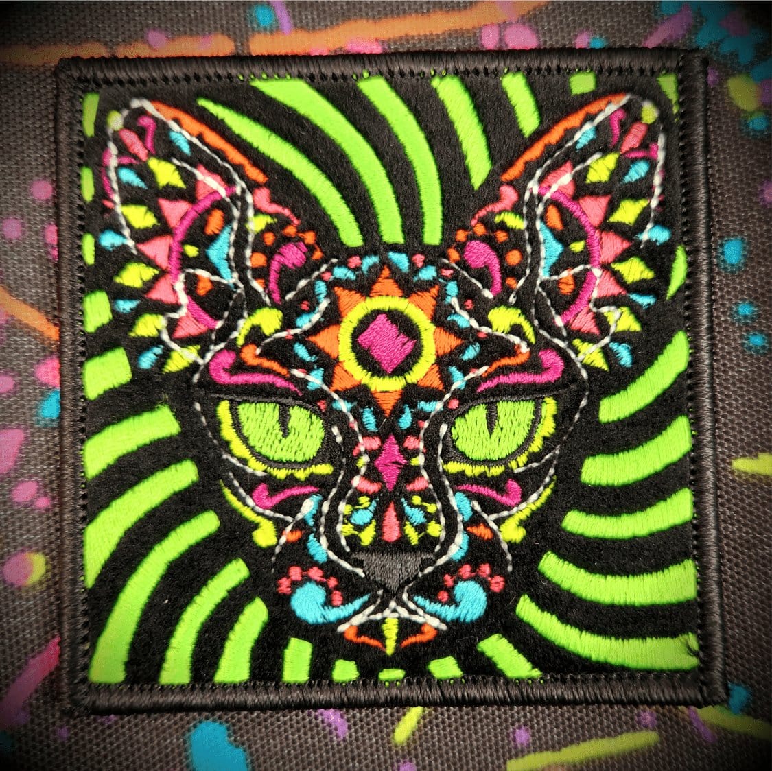 Tactical Gear Junkie Patches Blacklight Cat Patch - Amp Up Your Wardrobe with an Trippy Eye-Catching Fluorescent Thread Magic