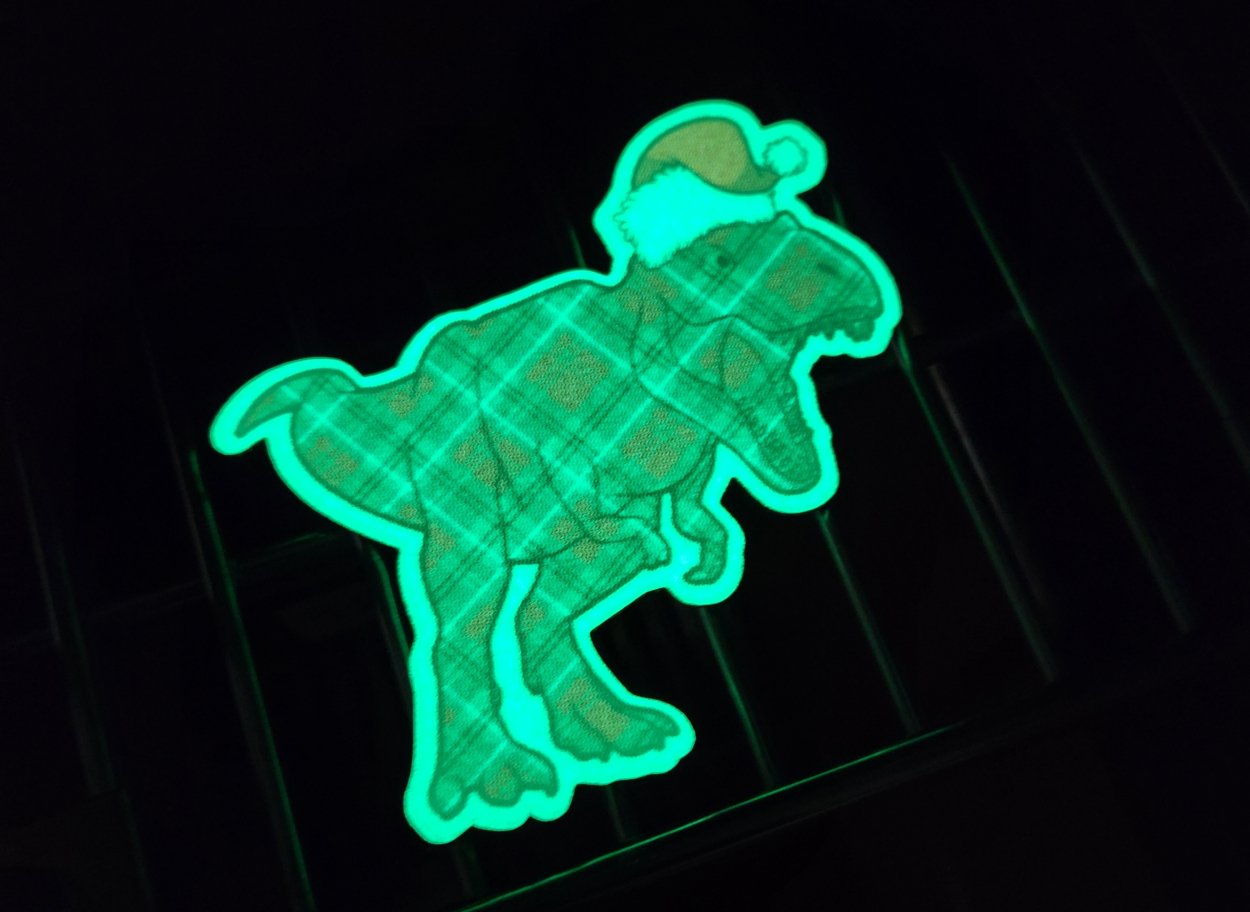 Christmas Hat Gift Wrapped Glow in the Dark Dinosaur T-Rex 4 inch Patch- Sublimated
