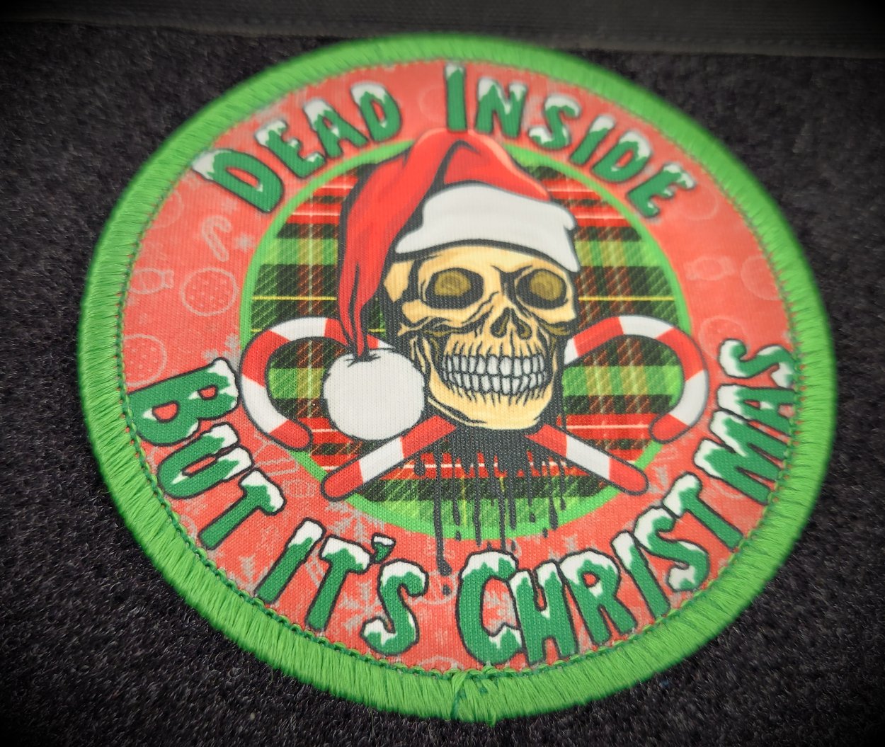 Dead Inside, But It's Christmas - Santa Hat Skull with Crossed Candy Canes - Sublimated - 4 inch Patch