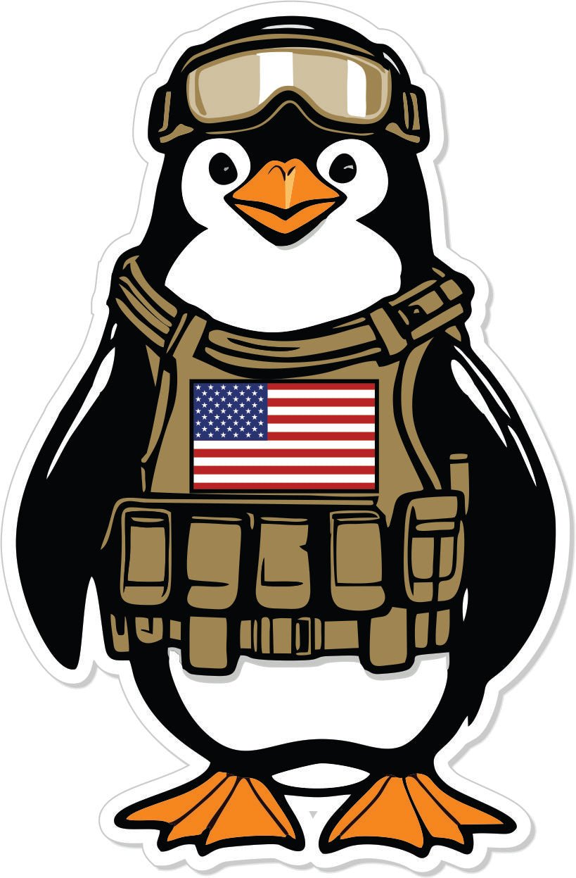 Arctic Warfare Flightless Aviator: Tactical Penguin Sticker – Adorn Your Gear with Whimsy and Patriotism