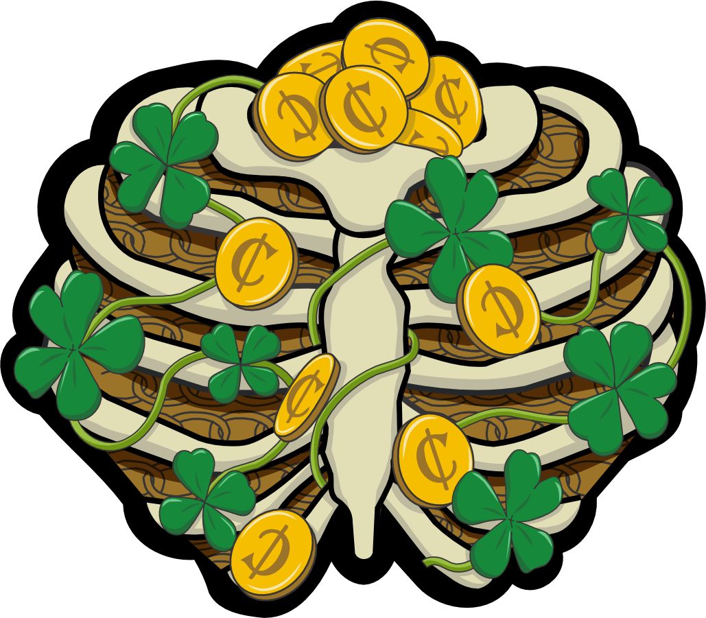 STICKER - Ribcage Pot of Gold Coins 4 leaf clover - 3.5" Sticker